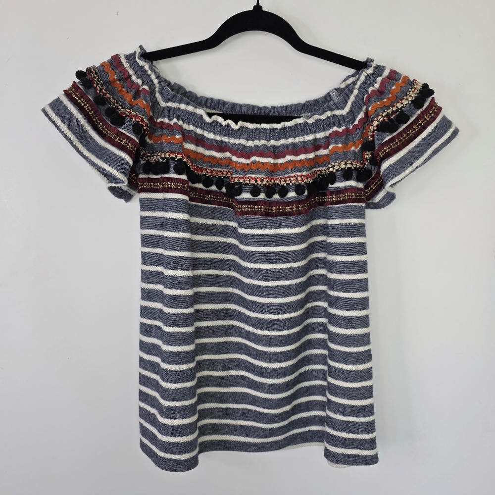 THML Striped Embroidered Pom Pom Off Shoulder Top | Size Small